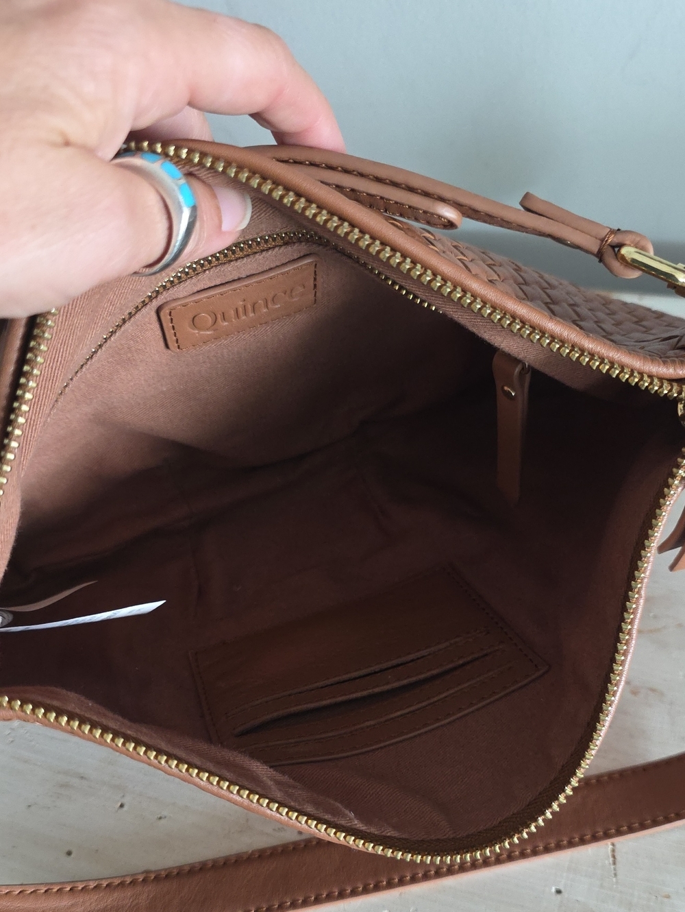 Quince Italian Handwoven Leather Mini Shoulder Bag In Cognac - Picture 13 of 16